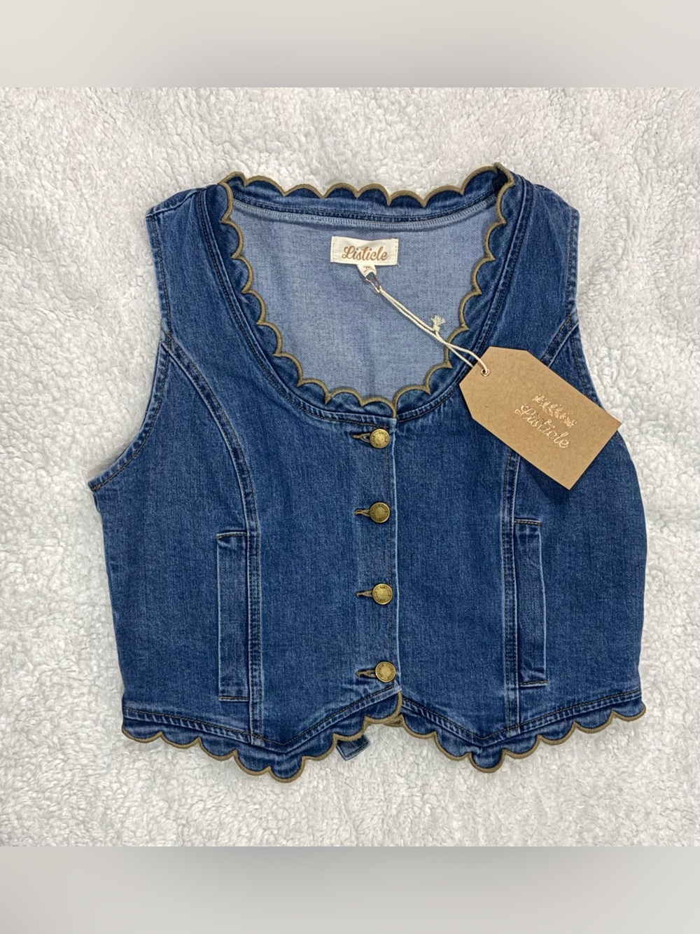 Listicle Scallop Denim Vest M Button Front Western Boho NWT